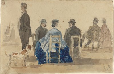 Signore e Signore Seduti sulla Spiaggia con un Cane da Eugène Boudin