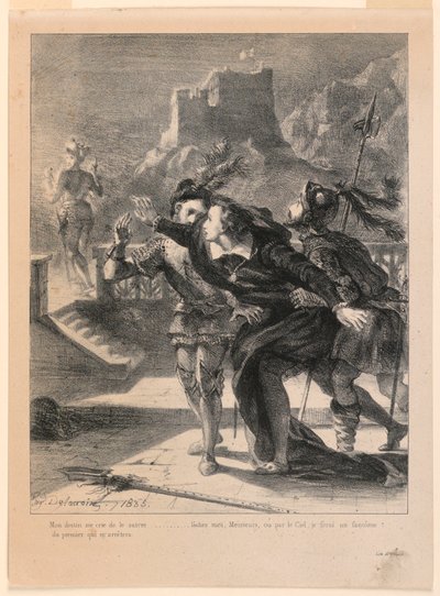 Illustrazione per Amleto: Amleto cerca di seguire il fantasma di suo padre (I,4) da Eugène Delacroix
