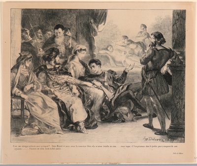 Illustrazione per Amleto: Gli attori rappresentano la morte del padre di Amleto (III,2) da Eugène Delacroix