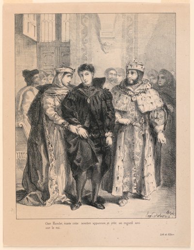 Illustrazione di Amleto. La regina cerca di rallegrare Amleto (I,2) da Eugène Delacroix