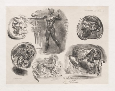 Foglio di sei monete antiche da Eugène Delacroix