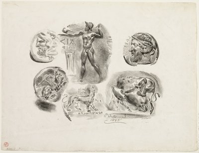 Foglio di sei medaglie antiche da Eugène Delacroix