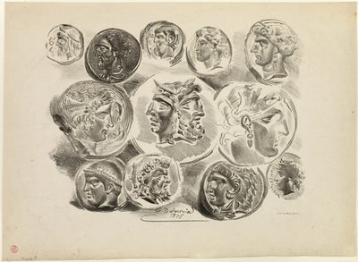 Foglio di dodici medaglie antiche da Eugène Delacroix