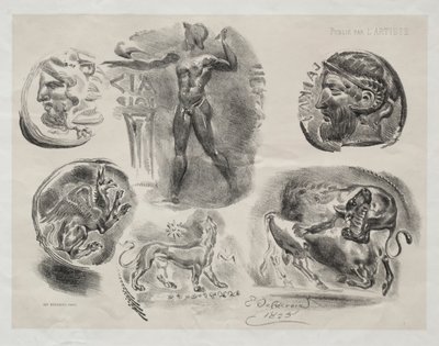Foglio con sei medaglie antiche da Eugène Delacroix