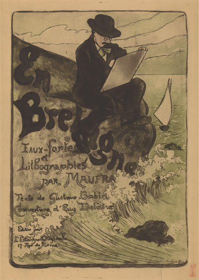 Ritratto di Maxime Maufra che disegna su una roccia da Eugène Delâtre