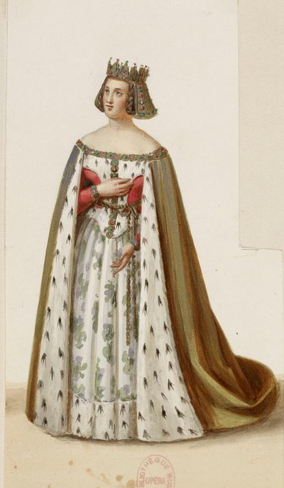 Costume di Mlle George come Marguerite de Bourgogne (La Tour de Nesle, 1832) 2 (ritagliato) da Eugène Du Faget