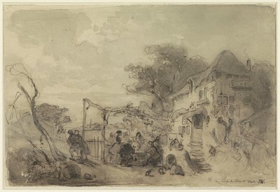 Compagnia su una terrazza davanti a una locanda lungo una strada da Eugène François de Block