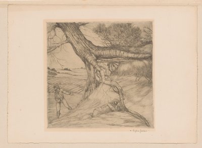 Seminatore e figura sdraiata con mani giunte in un paesaggio da Eugène Joors (signed by artist)