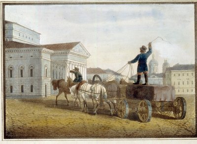 Trasporto dei blocchi di granito sulla piazza del teatro a San Pietroburgo da Eugéne Pluchart
