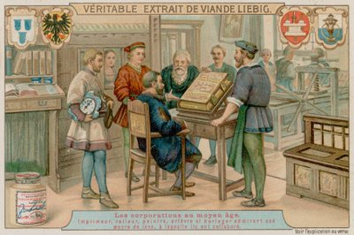 Un tipografo, un rilegatore, un pittore, un orafo e un orologiaio ammirano un libro di lusso su cui hanno lavorato insieme da European School