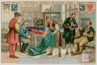 Un tessitore, un sarto, un cappellaio e un fabbricante di trecce danno i loro ordini a un tintore da European School