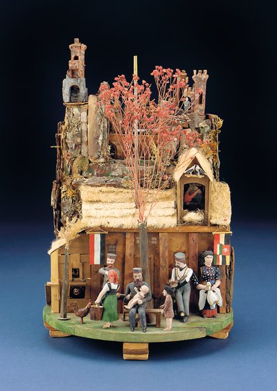 Scena meccanica militare di soldati, figure di legno fuori da una casa di paglia, fine XIX secolo da European School