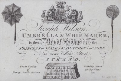 Pubblicità per Joseph Wilson, fabbricante di ombrelli e fruste, Londra da European School