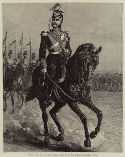 Alfonso XII, Re di Spagna, in uniforme degli Ussari di Schleswig-Holstein (incisione) da European School