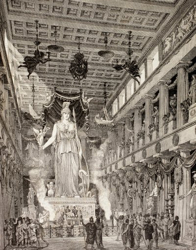 Impressione artistica della statua della dea Atena nel Partenone, Atene, durante il periodo classico, da 