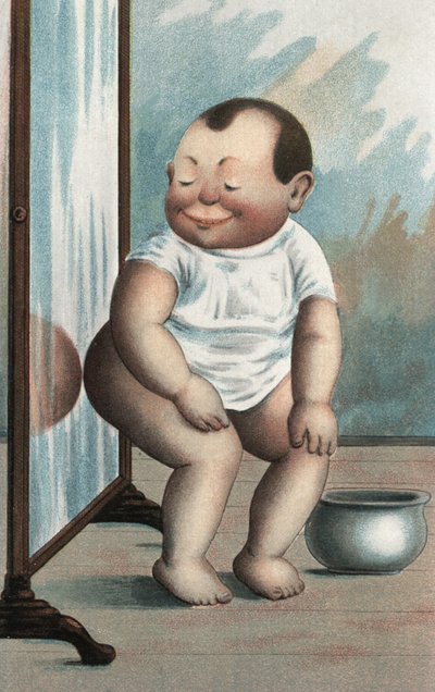 Bambino con specchio (litografia a colori) da European School