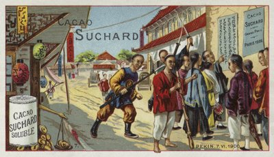Boxer in una strada di Pechino, Cina, Ribellione dei Boxer, 7 giugno 1900 da European School