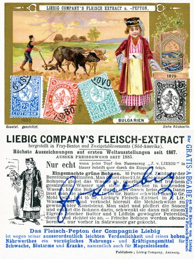 Francobolli bulgari, fronte e retro di una carta promozionale Liebig, 1897 da European School