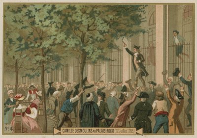 Camille Desmoulins lancia il suo appello alle armi fuori dal Palais Royal, Parigi, Rivoluzione Francese, 12 luglio 1789 da European School