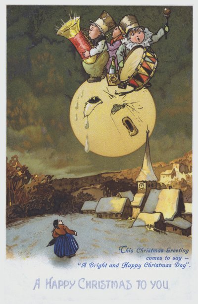 Biglietto di auguri natalizi raffigurante un gruppo di musicisti sulla luna sopra una città innevata. (chromolitho) da European School