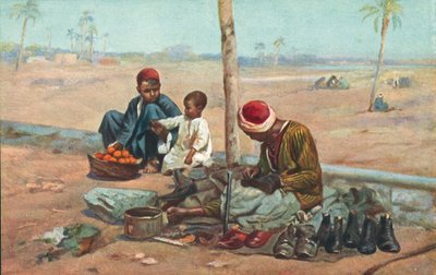 Ciabattino e bambini, Egitto (litografia a colori) da European School