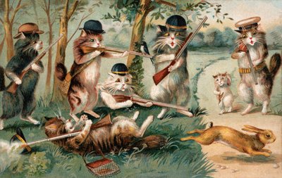 Gatti a fumetti a caccia di conigli (litografia a colori) da European School