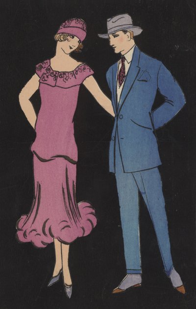 Coppia in abito alla moda (litografia a colori) da European School