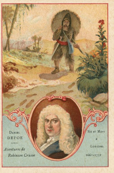 Daniel Defoe, romanziere inglese, e una scena da Robinson Crusoe da European School