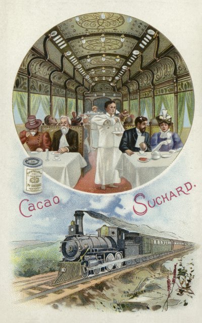 Bevendo cacao Suchard nel vagone ristorante di un treno da European School