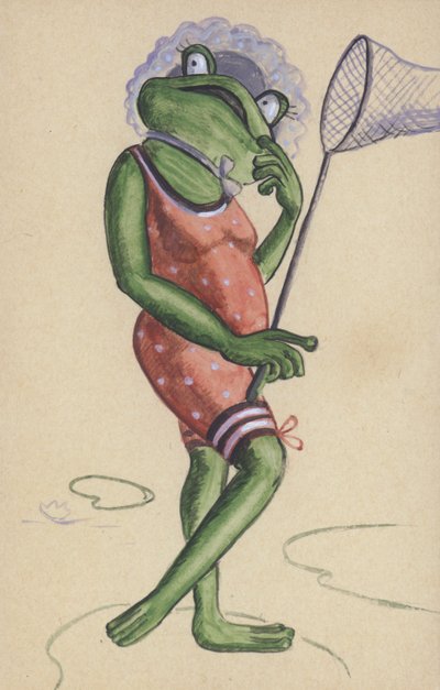 Rana in costume da bagno con rete da pesca in mano (litografia a colori) da European School