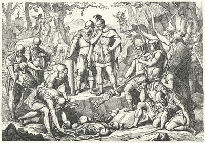 Germanico che seppellisce le ossa dei soldati delle tre legioni romane comandate da Publio Quintilio Varo distrutte dai Germani nella battaglia della Foresta di Teutoburgo nel 9 a.C. da European School