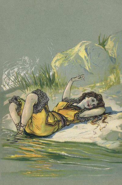 Ragazza sdraiata sulla spiaggia o sulla riva di un fiume (litografia a colori) da European School