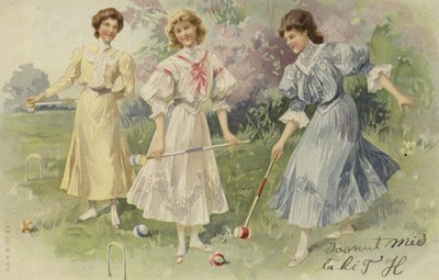 Ragazze che giocano a croquet (chromolitho) da European School