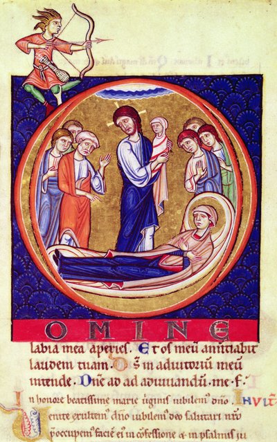 Iniziale istoriata raffigurante la morte della Vergine, da un manoscritto sconosciuto, XII-XIII secolo da European School