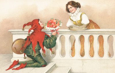 Giullare che regala rose a una bella ragazza su un balcone (cromolito) da European School