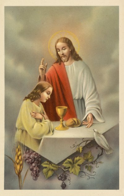 Gesù Cristo benedice una ragazza che fa la comunione (litografia a colori) da European School