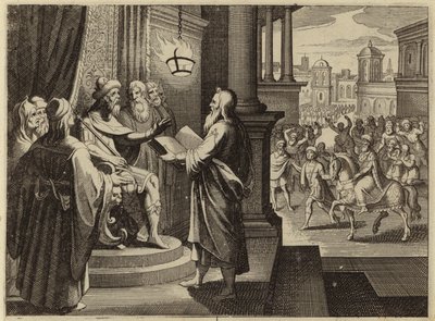 Re Assuero che ordina di portare e leggere il libro che racconta il suo regno da European School