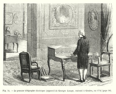 Le premier telegraphe electrique, appareil de Georges Lesage, execute a Geneve, en 1774 (incisione) da European School