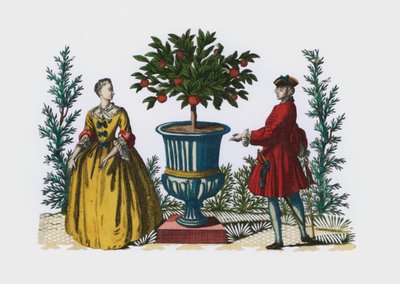 Uomo e donna in abiti del XVIII secolo in un giardino (incisione colorata) da European School