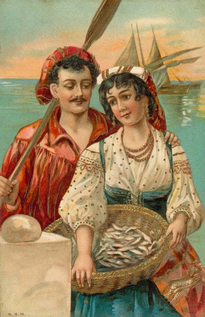 Pescatore e donna del Mediterraneo (litografia a colori) da European School