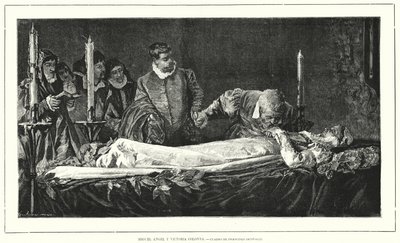 Michelangelo onora il corpo morto di Vittoria Colonna (litografia) da European School