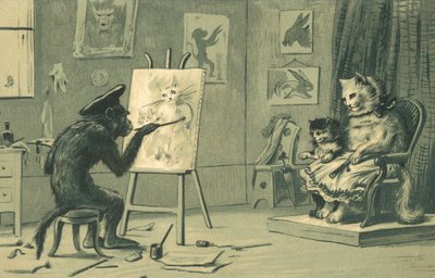 Scimmia che dipinge un ritratto di un gatto e un gattino da European School