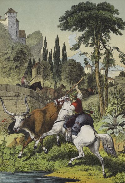 Pastore a cavallo in Italia che insegue un toro delle steppe in un paesaggio con castagno selvatico, pino cluster e pioppo italiano (litografia a colori) da European School