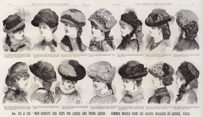 Nuovi cappelli e cappellini per signore e giovani signore; modelli estivi da Les Grands Magasins Du Louvre, Parigi da European School