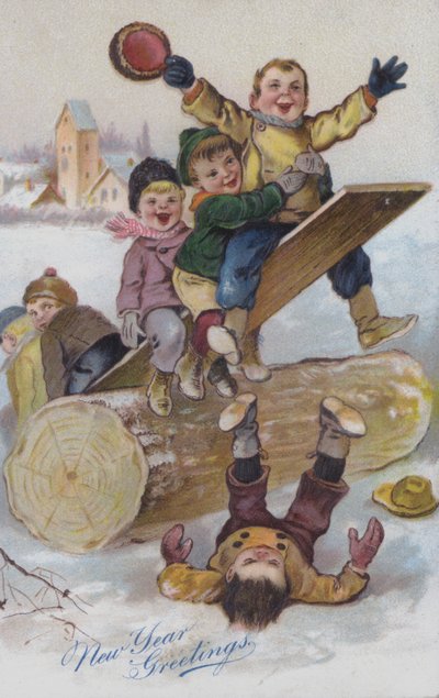 Biglietto di auguri per il nuovo anno raffigurante bambini che giocano nella neve (cromolitografia) da European School