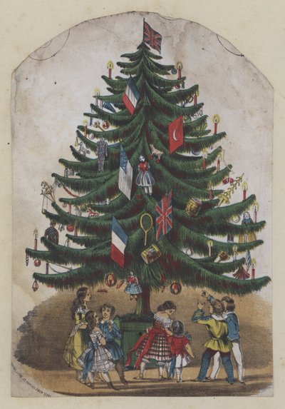 Persone sotto un albero di Natale, cartolina di auguri da European School