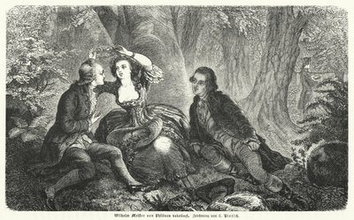 Philinen che incorona Wilhelm Meister con una corona: scena dal romanzo di Johann Wolfgang Goethe Wilhelm Meisters Lehrjahre (incisione) da European School