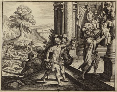 I Filistei mettono la testa di Saul nel tempio del loro dio Dagon (incisione) da European School