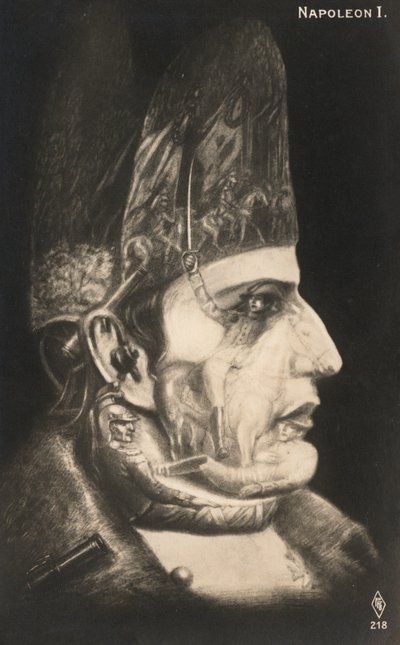 Ritratto di Napoleone Bonaparte, con scene delle sue battaglie disegnate sul viso e sul cappello da European School