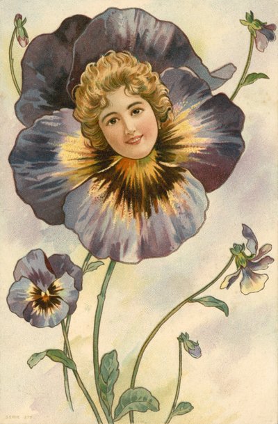 Volto di ragazza che emerge da una viola del pensiero (litografia a colori) da European School